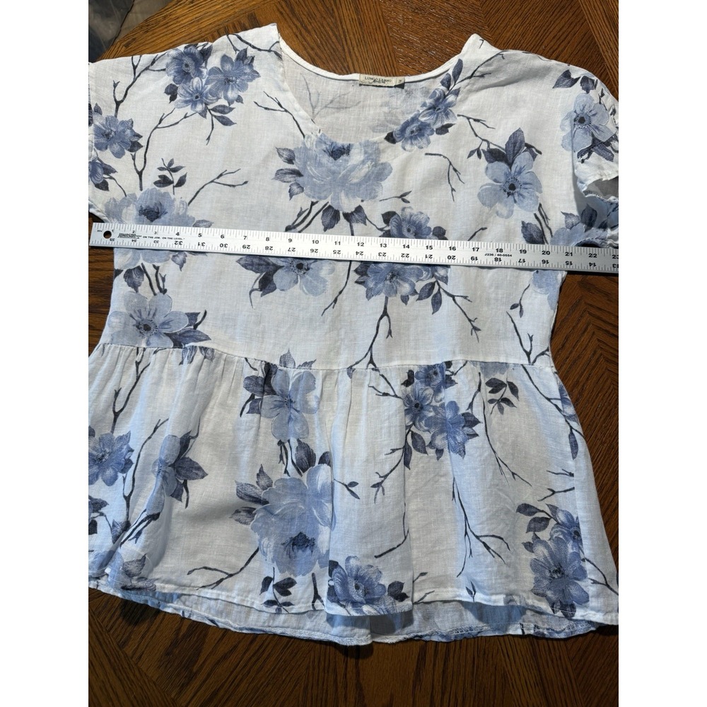 Lungo L'arno Linen Top Blouse Blue Floral Ruffle Sleeve Peplum Size Medium - Picture 6 of 7